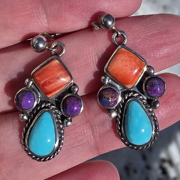 Native American Jewelry - Navajo Native American Southwestern Sterling Silver Turquoise Cluster Earrings